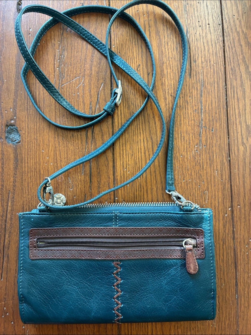 Brighton Teal Leather Crossbody Wristlet with Brown Trim